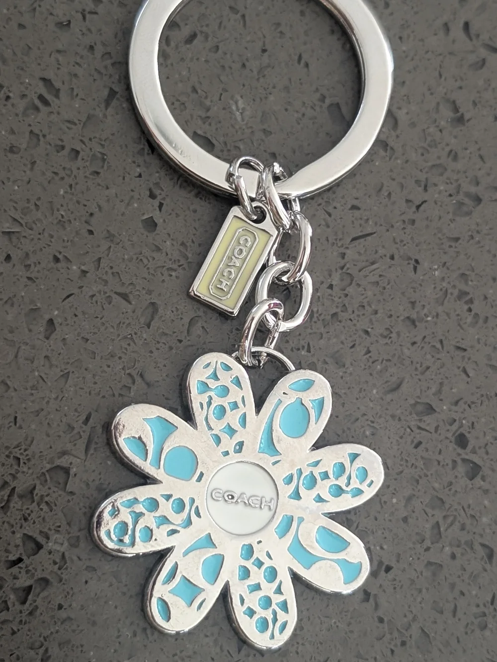 Coach Silver & Aqua Floral Key Ring Daisy Flower Nwot